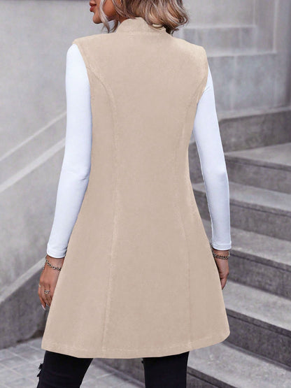 Solid Color Sleeveless Pockets Mid-Length Vest