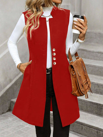 Solid Color Sleeveless Pockets Mid-Length Vest