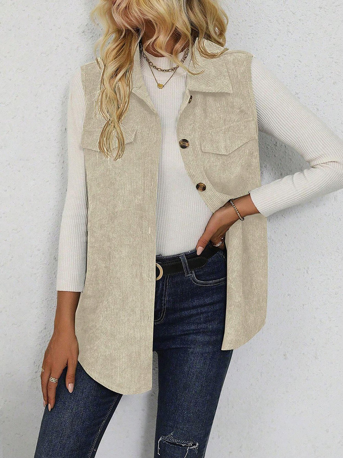 Solid Color Sleeveless Button Down Corduroy Vest