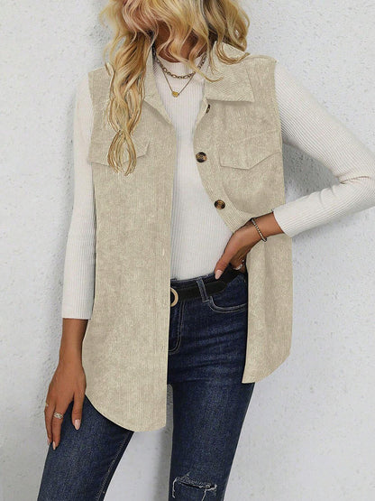 Solid Color Sleeveless Button Down Corduroy Vest