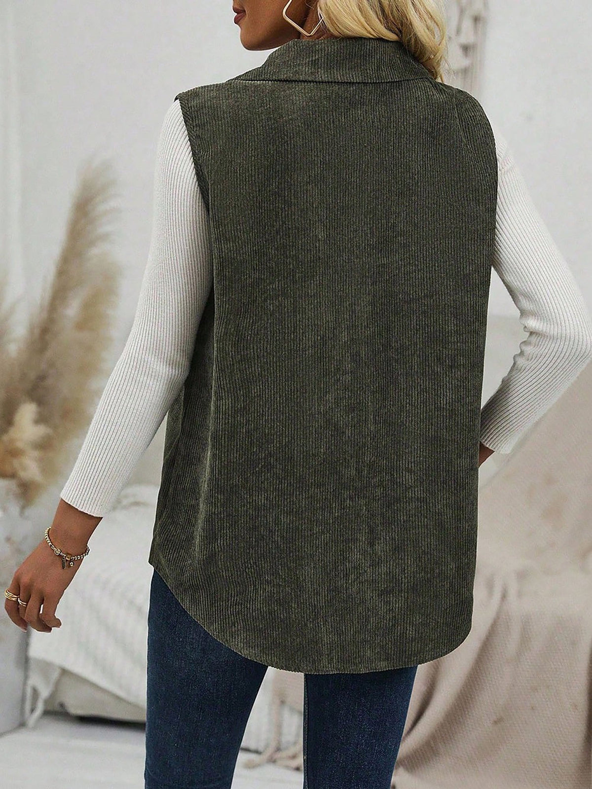 Solid Color Sleeveless Button Down Corduroy Vest