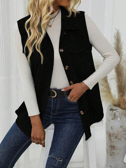 Solid Color Sleeveless Button Down Corduroy Vest