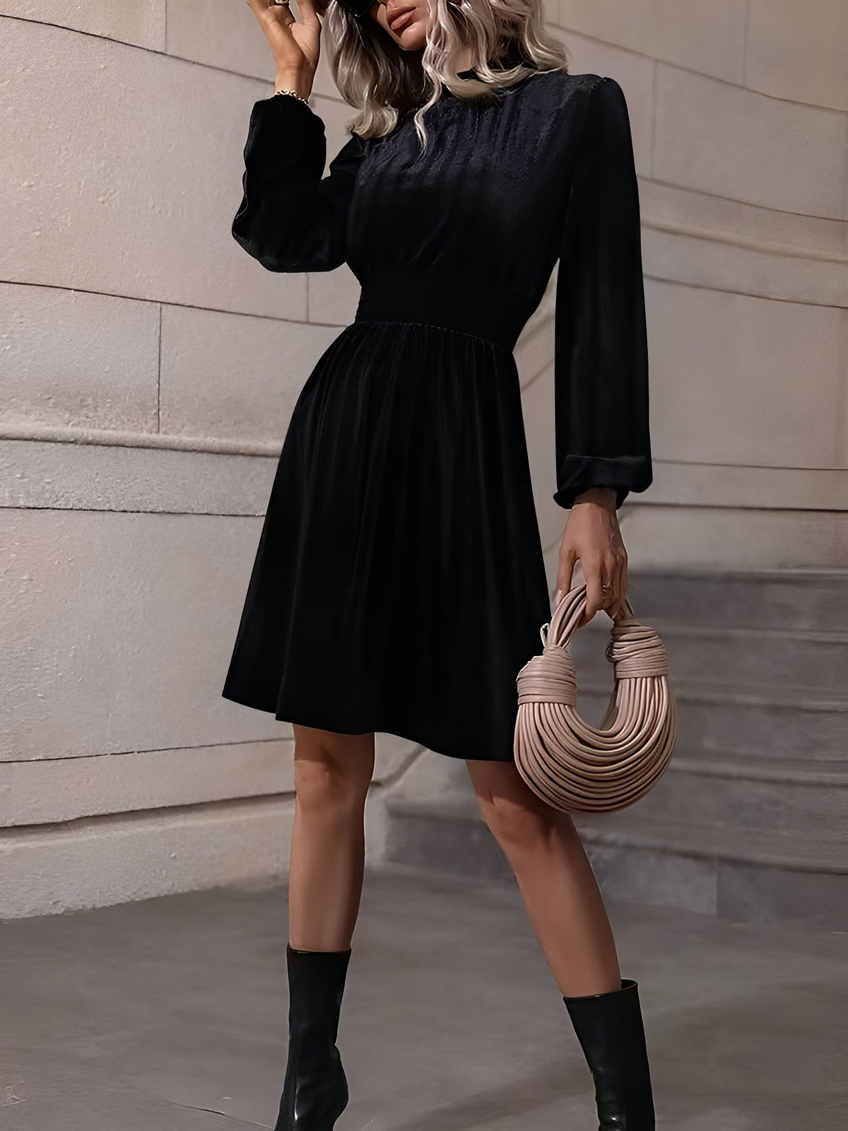 Velvet Smocked Neck Puff Long Sleeves A-Line Dress
