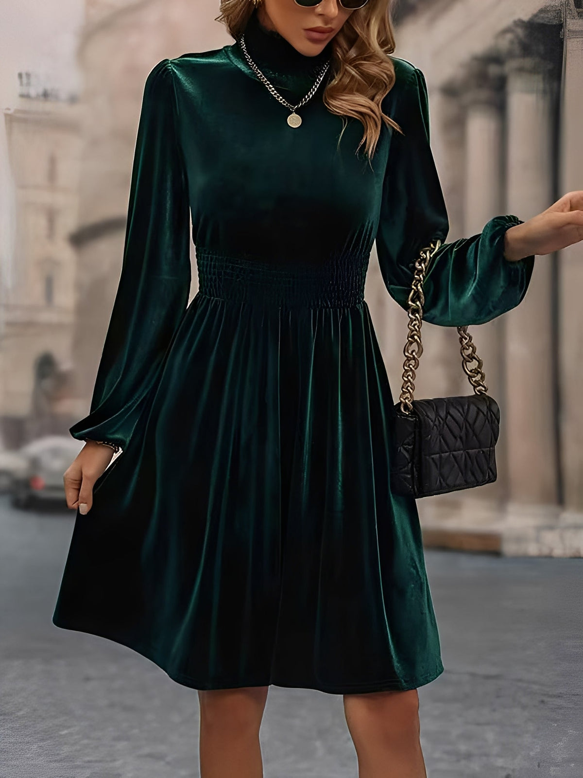 Velvet Smocked Neck Puff Long Sleeves A-Line Dress