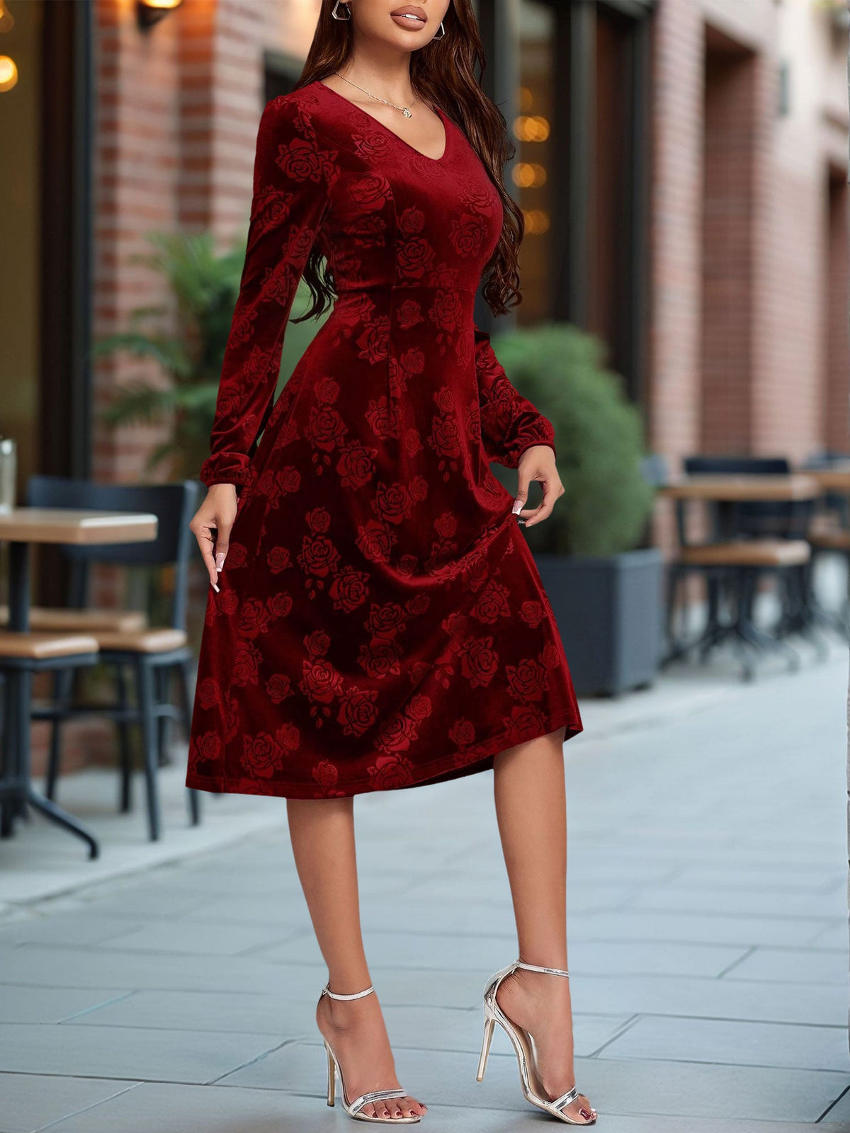 Velvet Embossed V Neck Puff Sleeves A-Line Dress