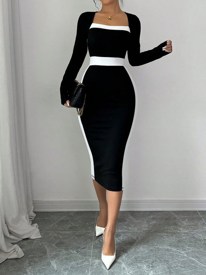 Square Neck Long Sleeves Colorblock Bodycon Dress