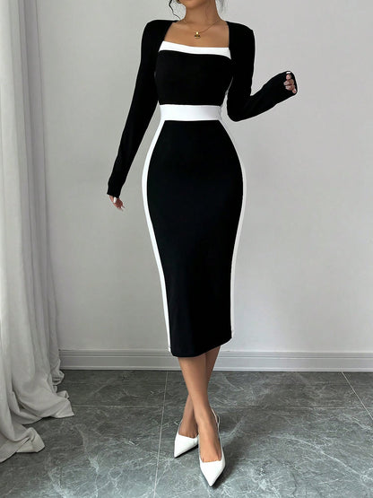 Square Neck Long Sleeves Colorblock Bodycon Dress