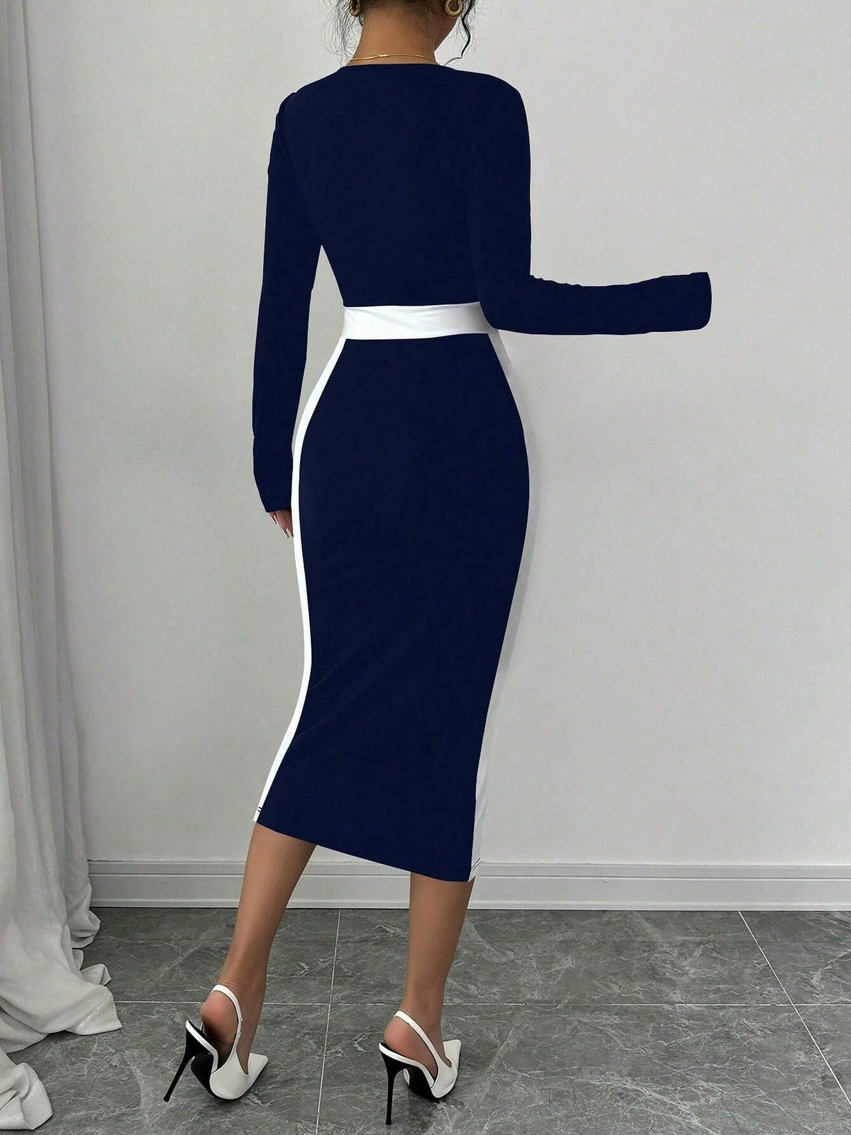 Square Neck Long Sleeves Colorblock Bodycon Dress