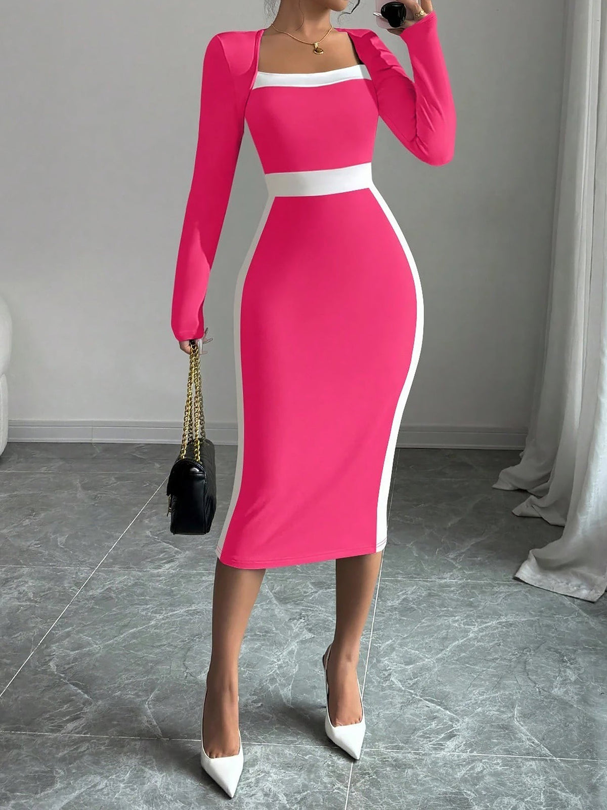 Square Neck Long Sleeves Colorblock Bodycon Dress