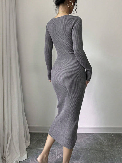 V Neck Long Sleeves Slit Bodycon Sweater Dress
