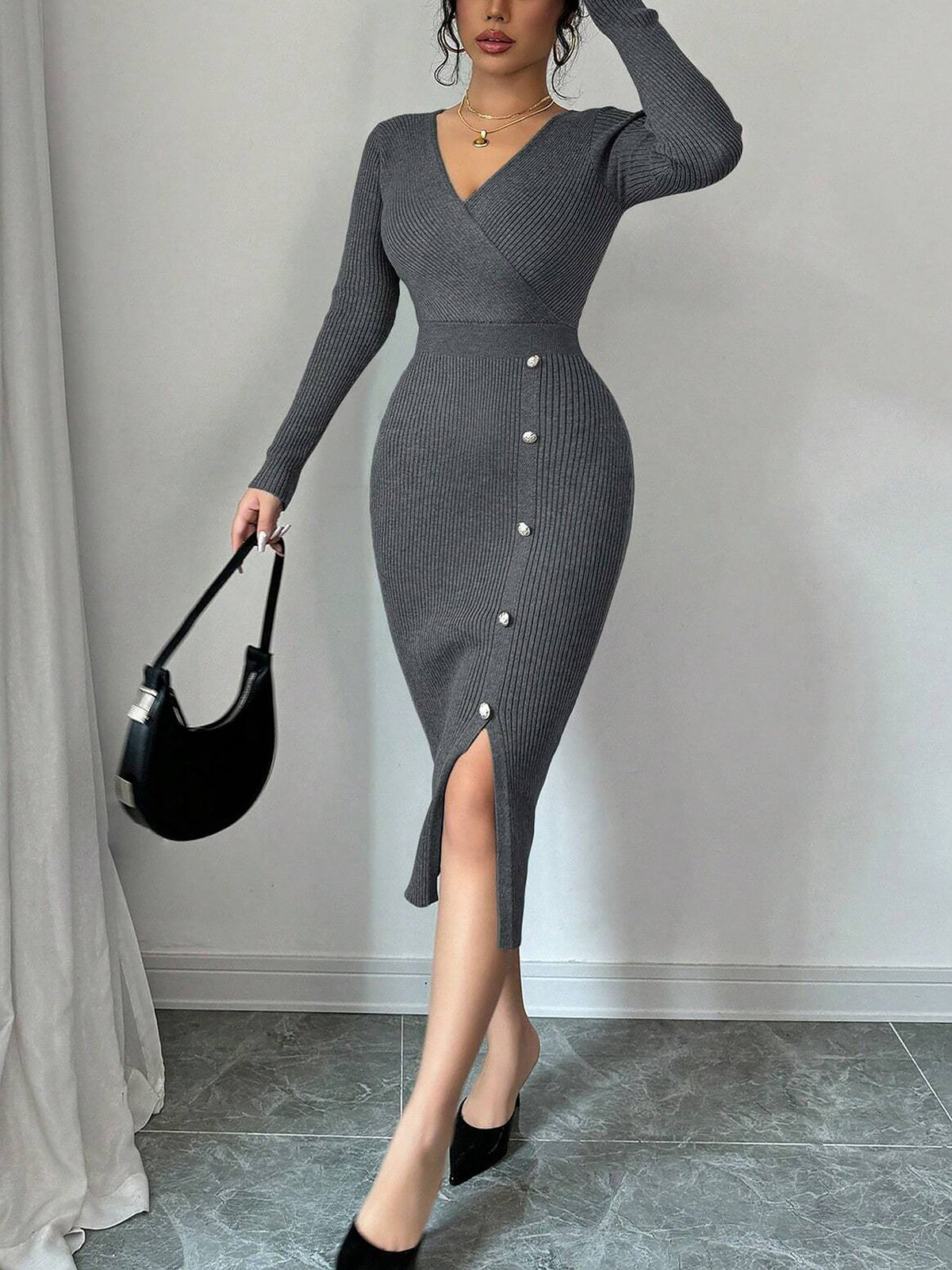 V Neck Long Sleeves Slit Bodycon Sweater Dress