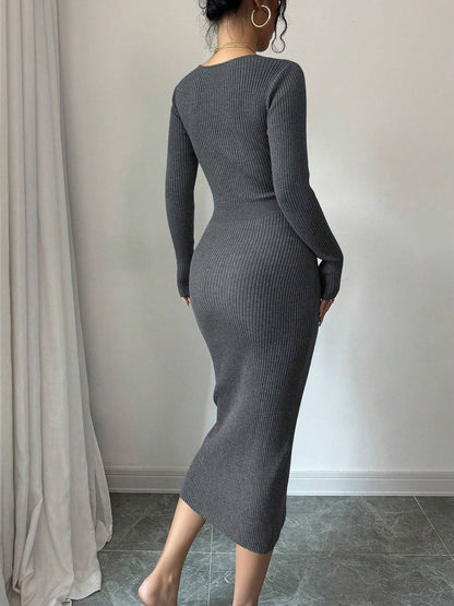 V Neck Long Sleeves Slit Bodycon Sweater Dress