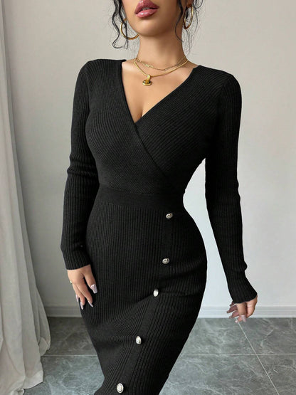 V Neck Long Sleeves Slit Bodycon Sweater Dress