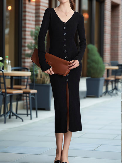 Long Sleeved Autumn Winter V Neck Knitted Dress Slim Elegant Single Breasted Hip Wrapped Mid Length Dress