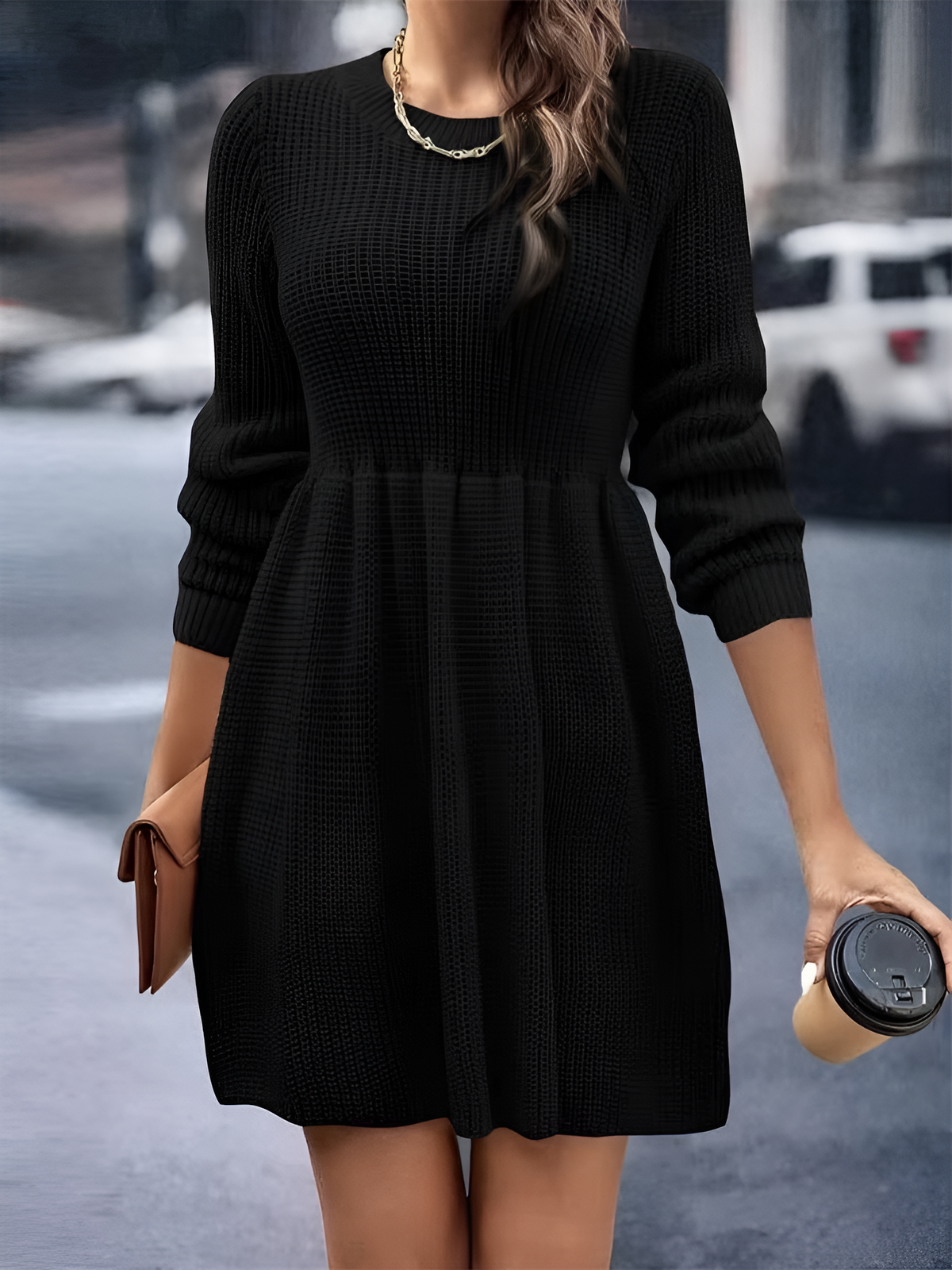 Round Neck Long Sleeves Solid Color Sweater Dress