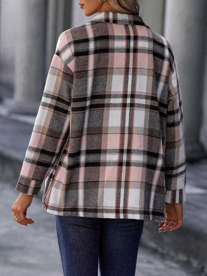 Plaid Button Down Long Sleeves Shirt Jacket Shacket