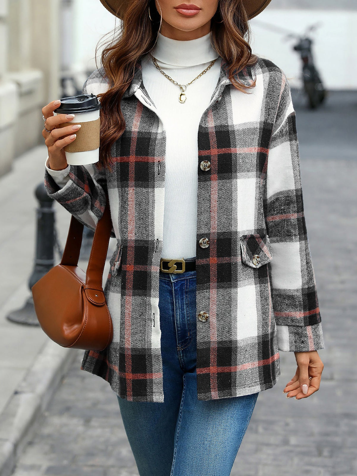Plaid Button Down Long Sleeves Shirt Jacket Shacket