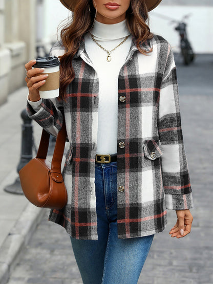 Plaid Button Down Long Sleeves Shirt Jacket Shacket