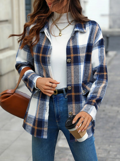 Plaid Button Down Long Sleeves Shirt Jacket Shacket