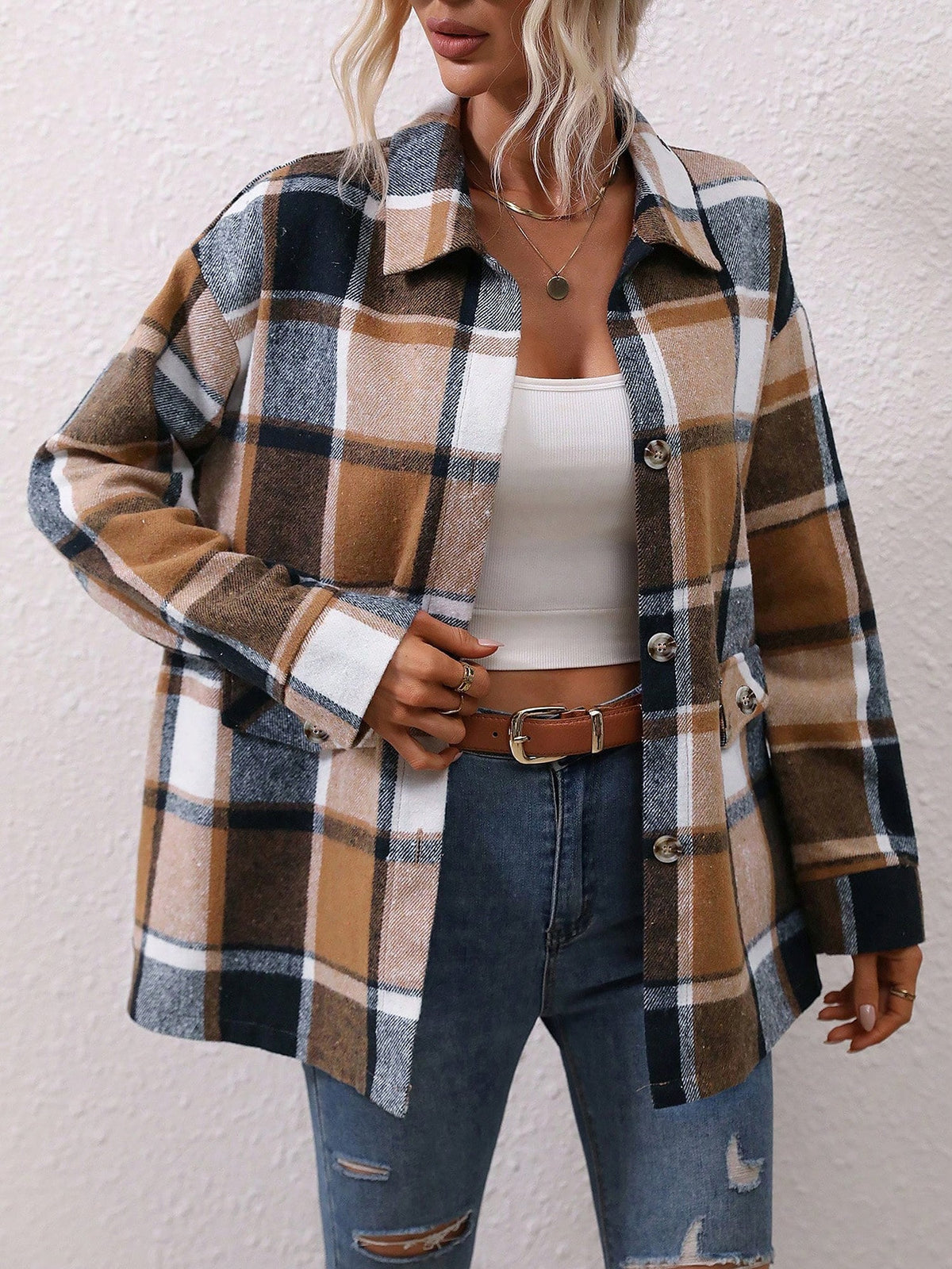 Plaid Button Down Long Sleeves Shirt Jacket Shacket