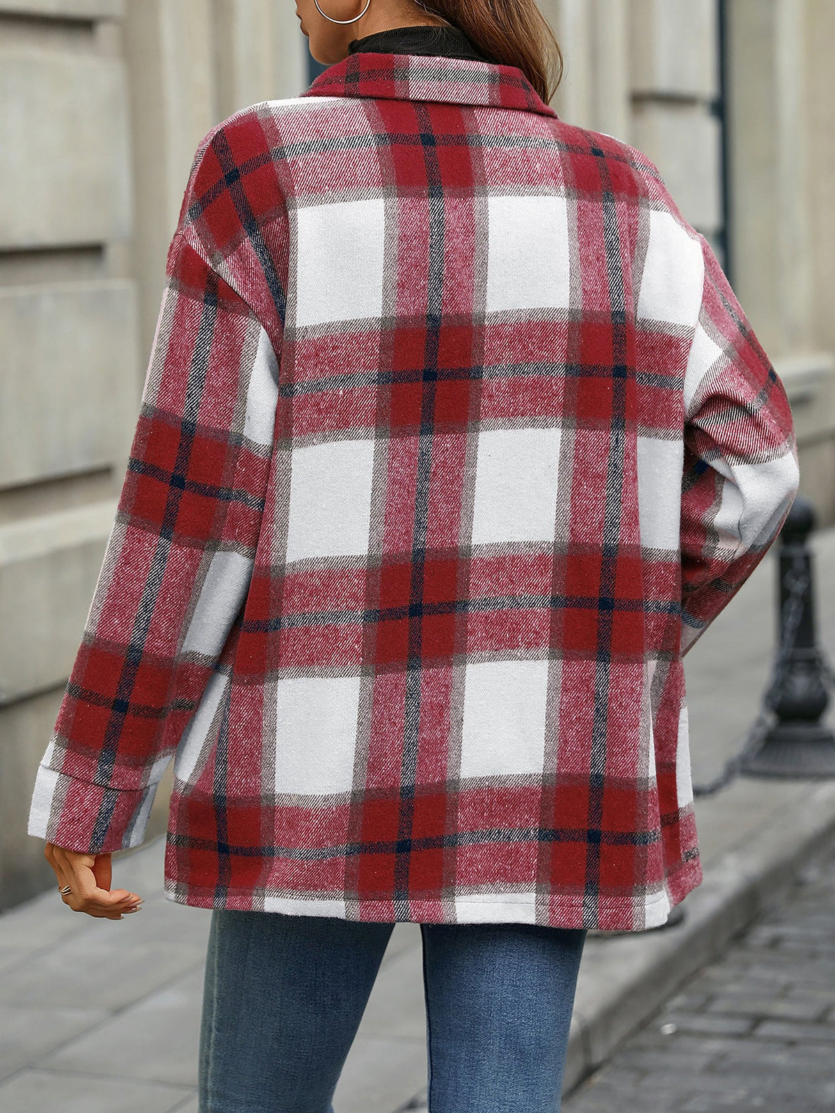 Plaid Button Down Long Sleeves Shirt Jacket Shacket