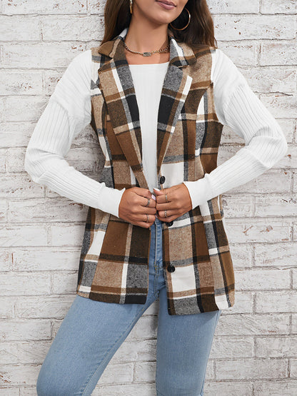 Notch Neck Button Down Sleeveless Plaid Vest
