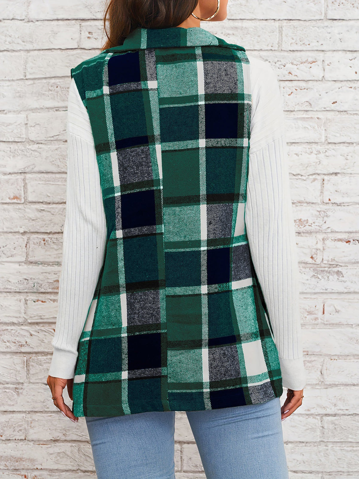 Notch Neck Button Down Sleeveless Plaid Vest