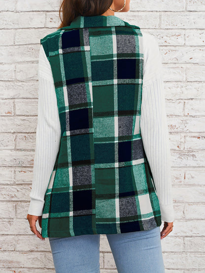 Notch Neck Button Down Sleeveless Plaid Vest