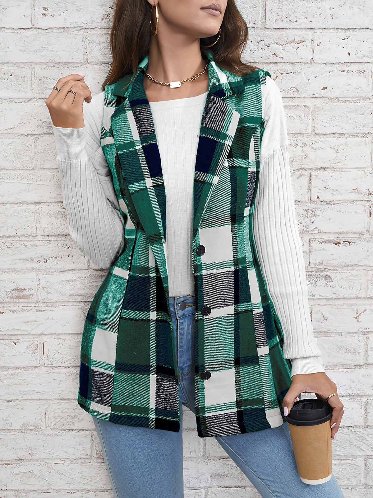 Notch Neck Button Down Sleeveless Plaid Vest