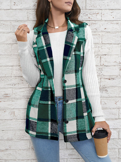 Notch Neck Button Down Sleeveless Plaid Vest