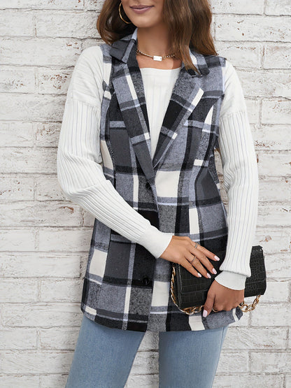 Notch Neck Button Down Sleeveless Plaid Vest