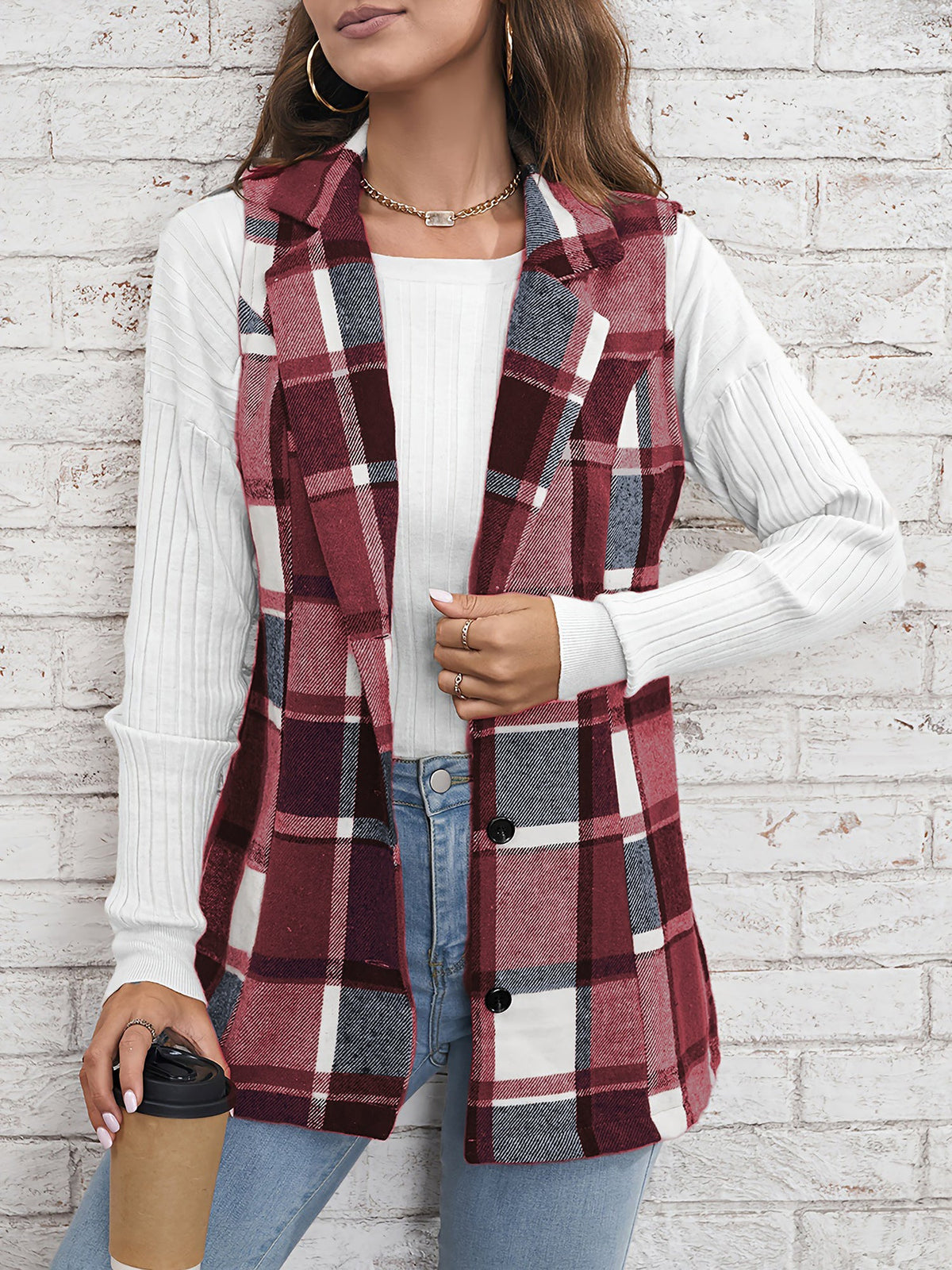 Notch Neck Button Down Sleeveless Plaid Vest
