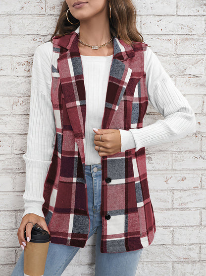 Notch Neck Button Down Sleeveless Plaid Vest