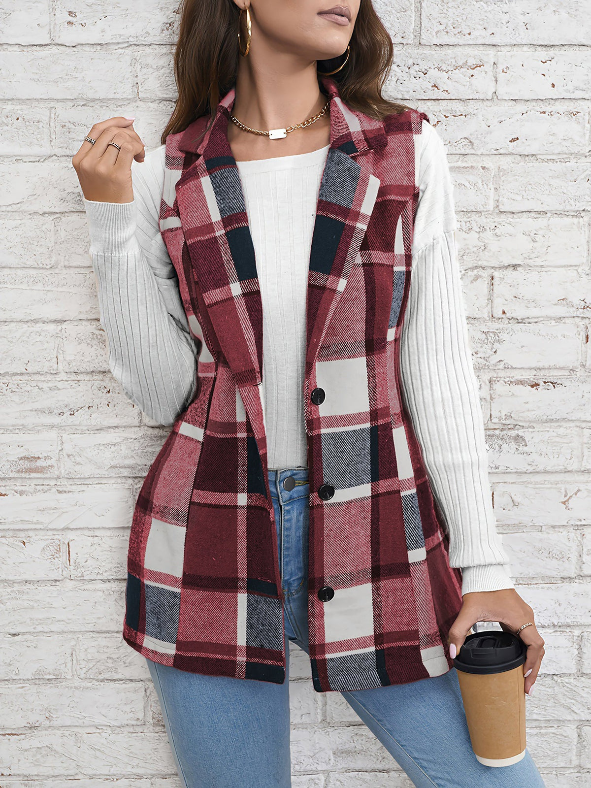 Notch Neck Button Down Sleeveless Plaid Vest