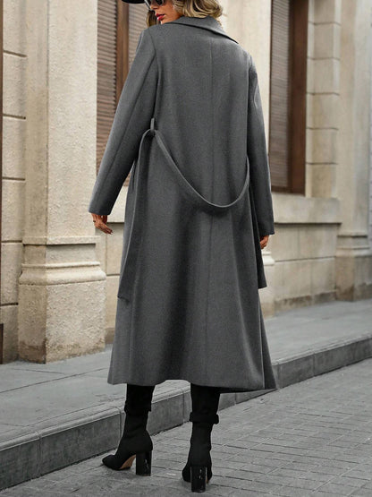 Notched Lapel Double Breasted Solid Color Long Coat