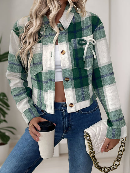 Plaid Casual Turn Down Collar Cropped Jacket