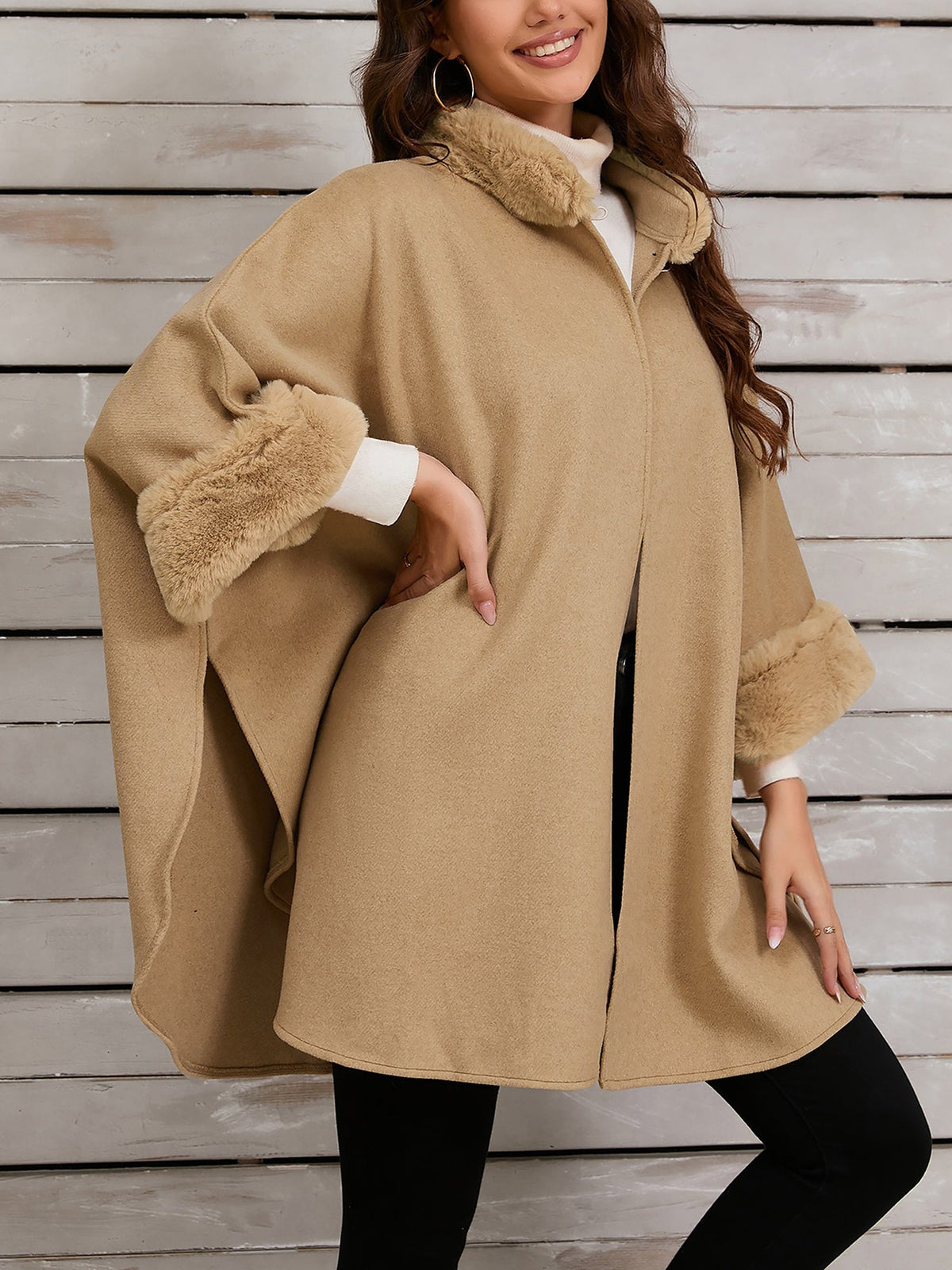 Faux Fur Collar Solid Color Cape Cloak Coat