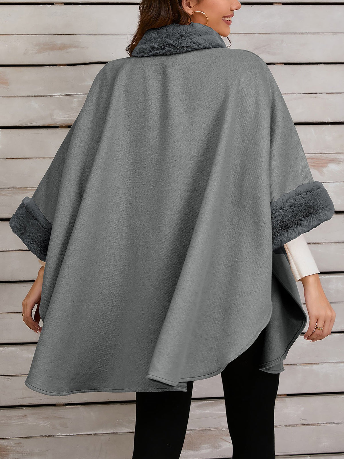 Faux Fur Collar Solid Color Cape Cloak Coat