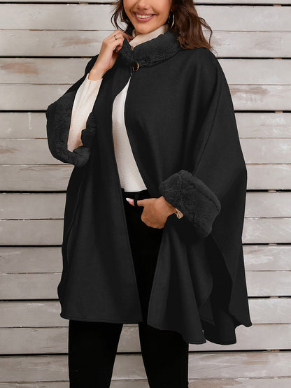 Faux Fur Collar Solid Color Cape Cloak Coat