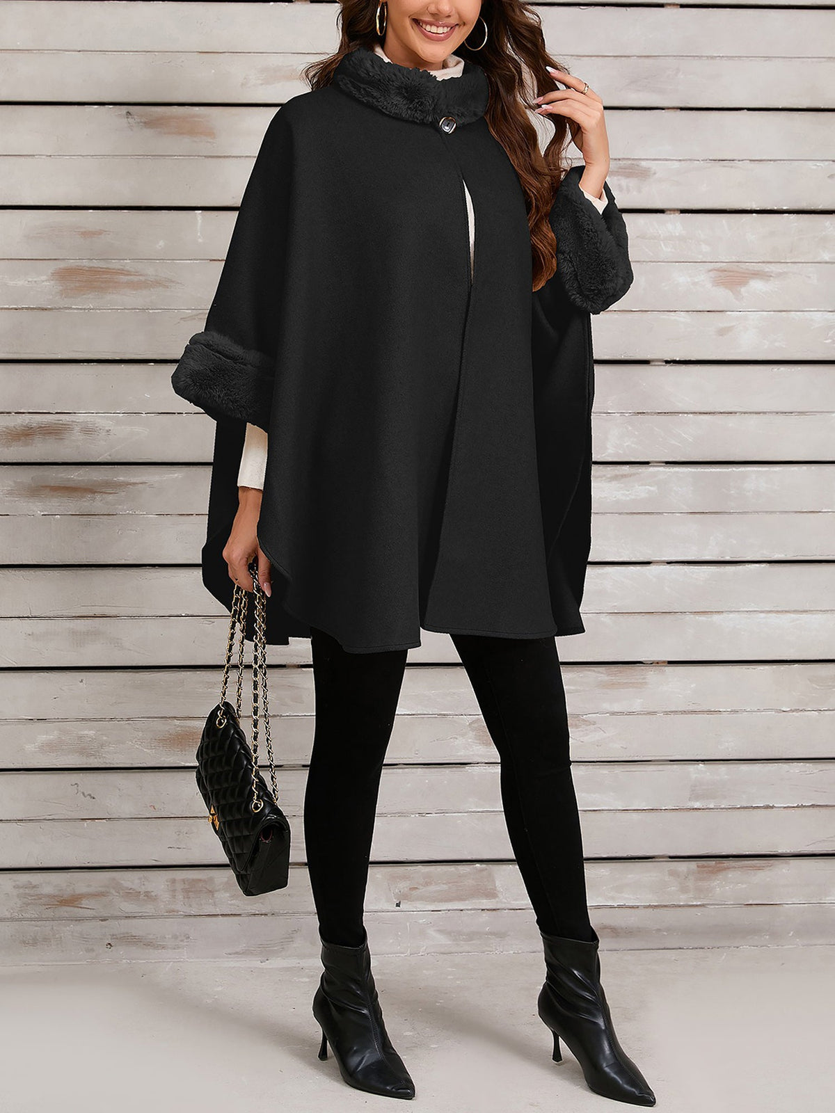 Faux Fur Collar Solid Color Cape Cloak Coat