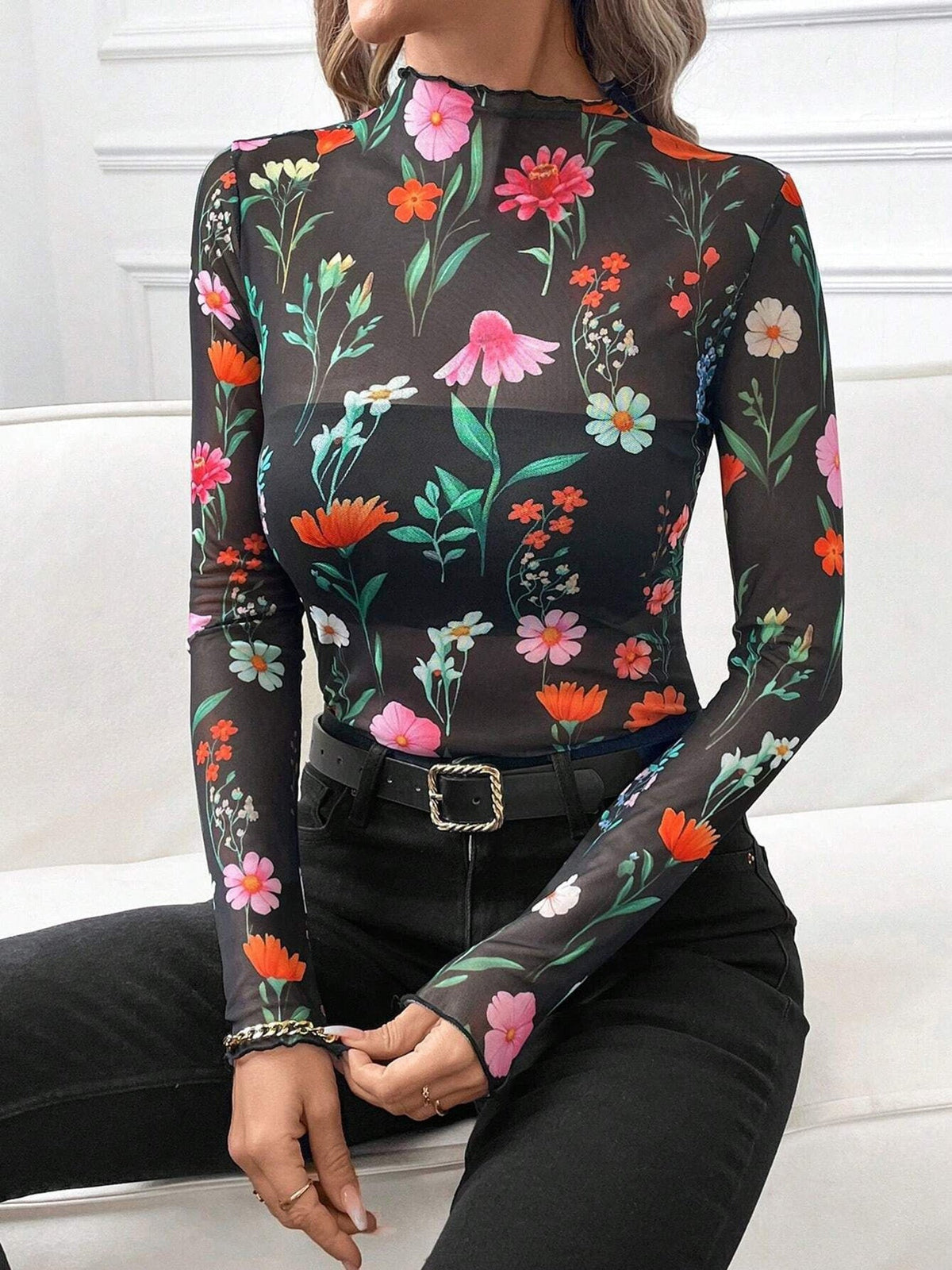 Mesh Ruffled Printed Long Sleeves Blouse