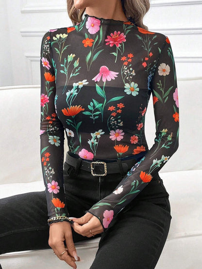 Mesh Ruffled Printed Long Sleeves Blouse