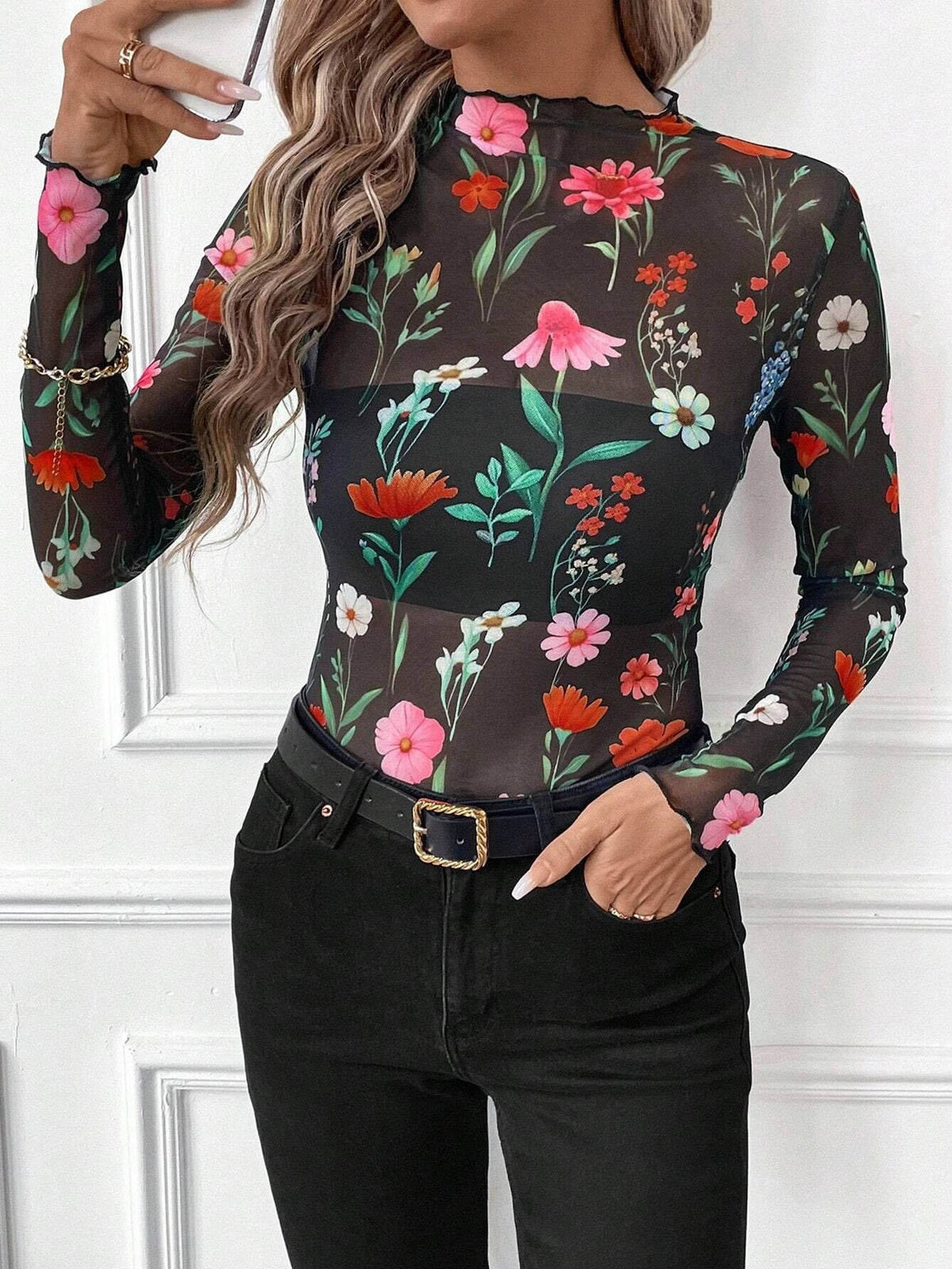 Mesh Ruffled Printed Long Sleeves Blouse