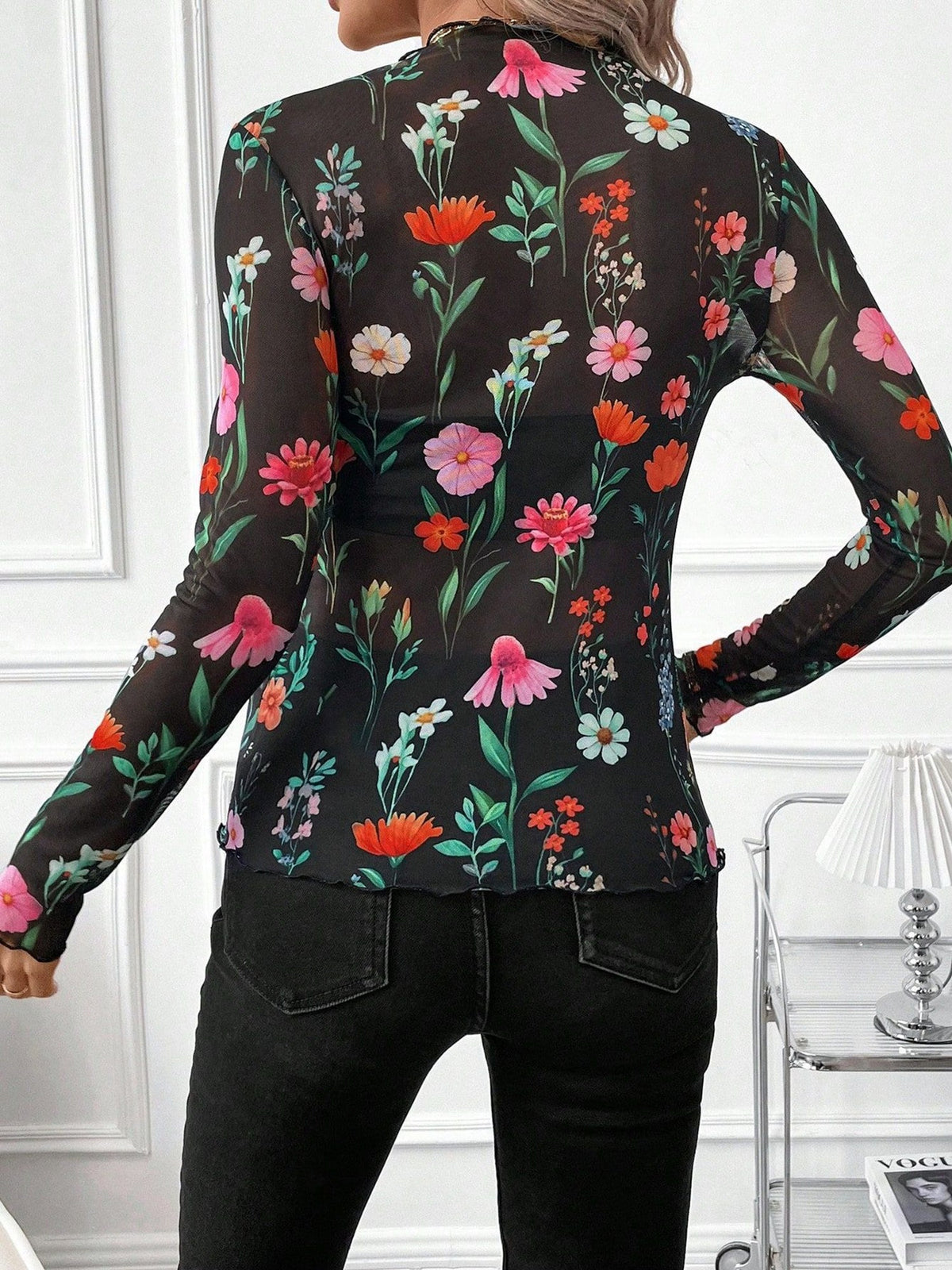 Mesh Ruffled Printed Long Sleeves Blouse
