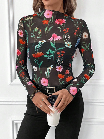 Mesh Ruffled Printed Long Sleeves Blouse