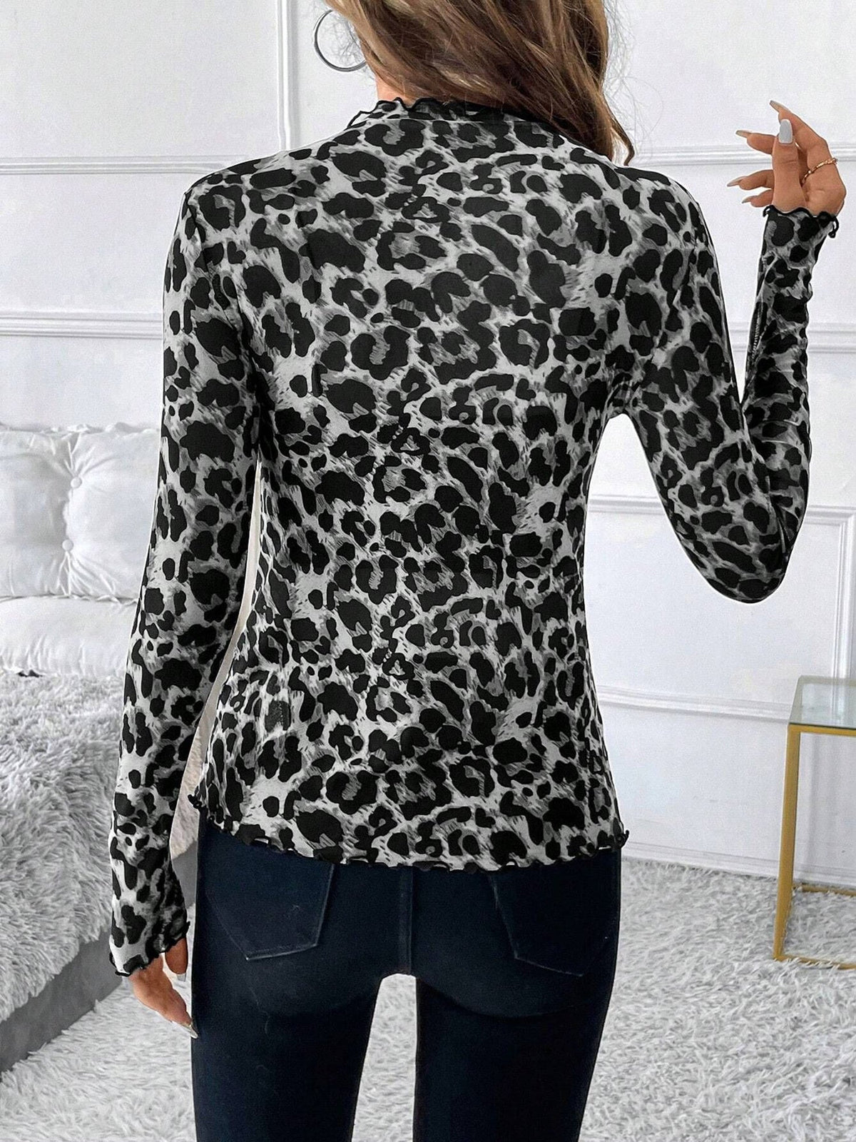 Mesh Ruffled Printed Long Sleeves Blouse