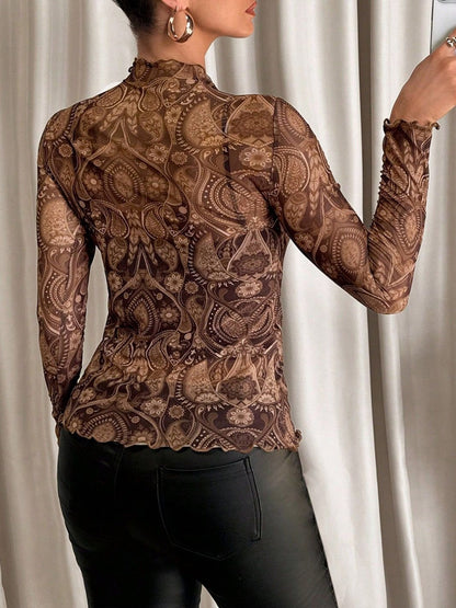 Mesh Ruffled Printed Long Sleeves Blouse