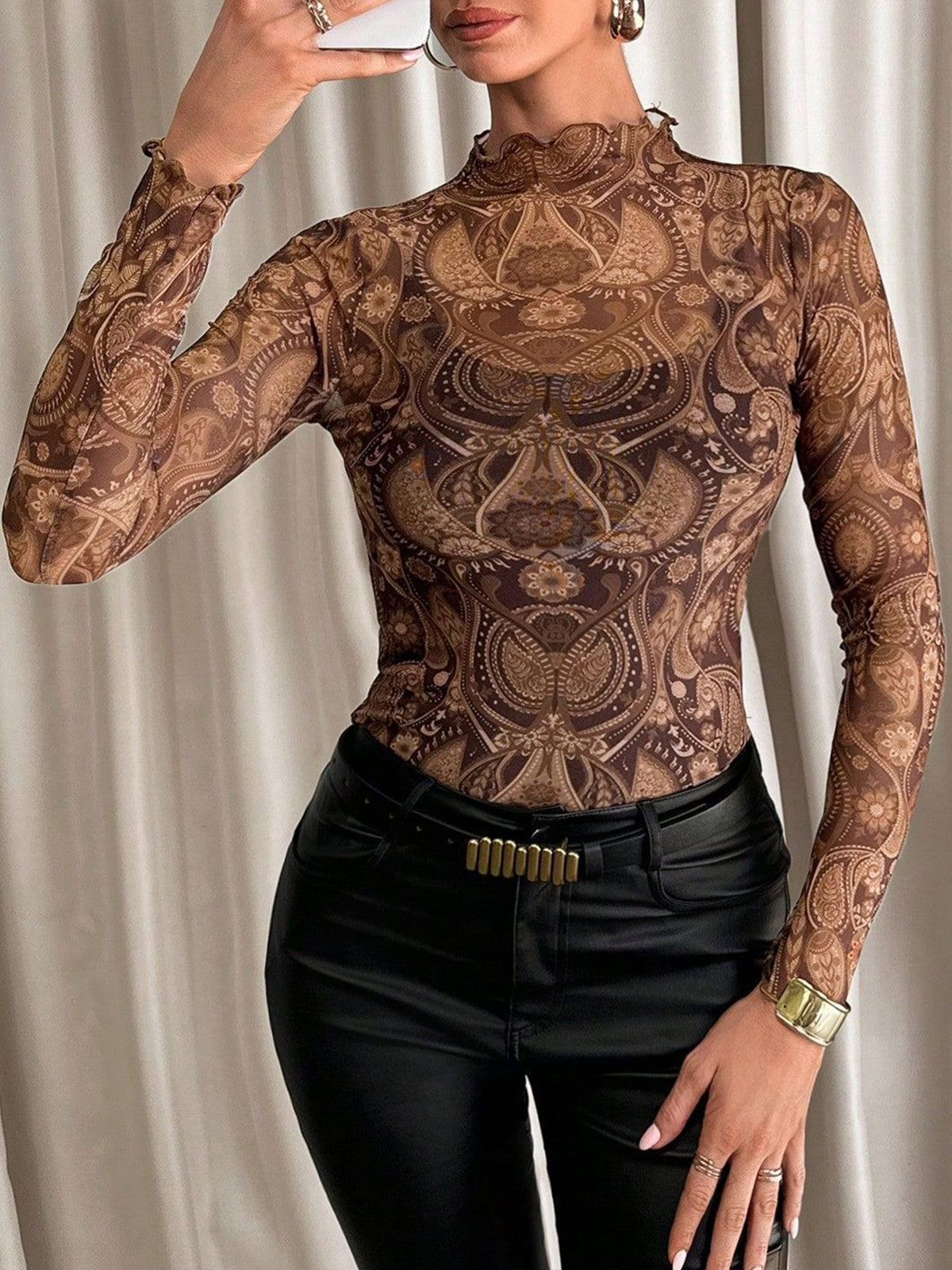 Mesh Ruffled Printed Long Sleeves Blouse