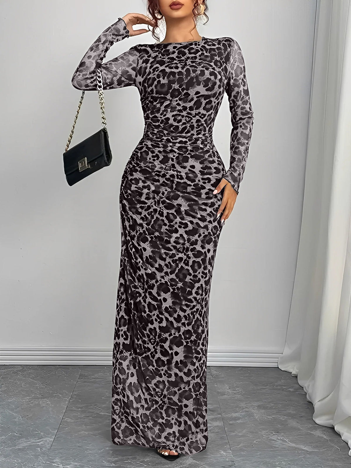Leopard Print Mesh Ruched Bodycon Maxi Dress
