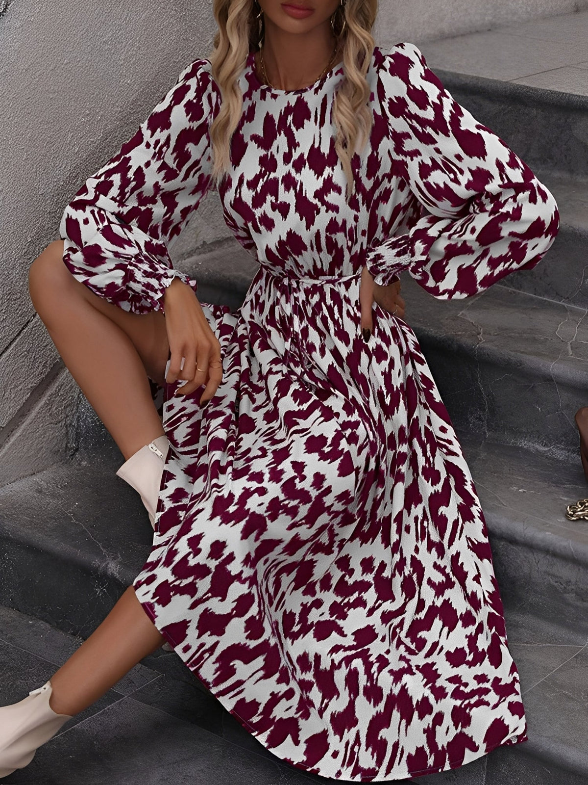 Leopard Print Tie Waist Long Sleeves A-Line Dress